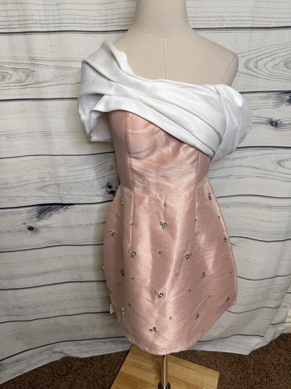 Off-Shoulder Blush Pink Cocktail Dress with White Draped Bodice